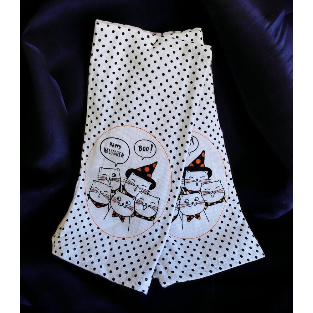 NWT Happy Halloween Witch Boo Cats Polka Dot Dish Kitchen Cat Towel Set